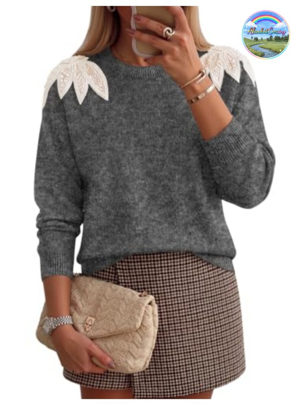 Women's Pearl Lace Trim Knit Pullover Sweater Long Sleeve Crew Neck Fall Winter